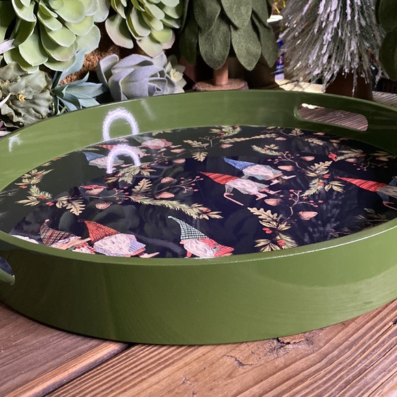 Pottery Barn Black and Green Whimsical Forest Gnome Handcrafted Serving Tray - Picture 8 of 16